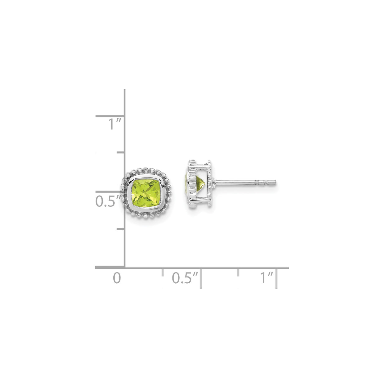 10k White Gold Stud Earrings with Cushion Cut Peridot in Beaded Halo Setting