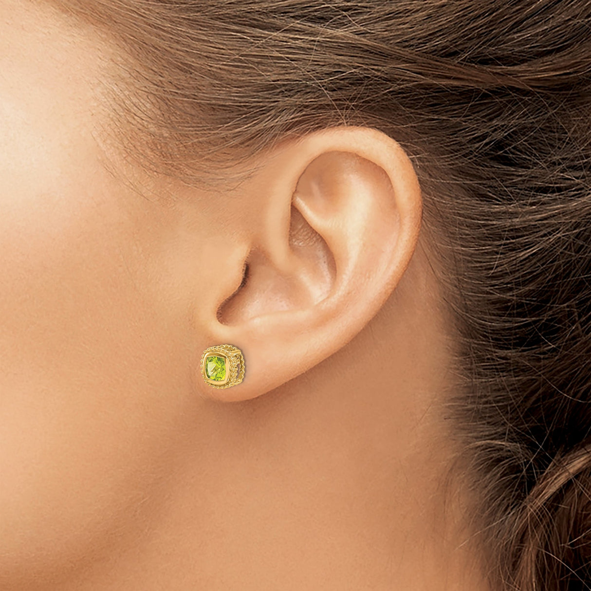 10k Yellow Gold Peridot Stud Earrings with Cushion Cut and Beaded Halo Setting