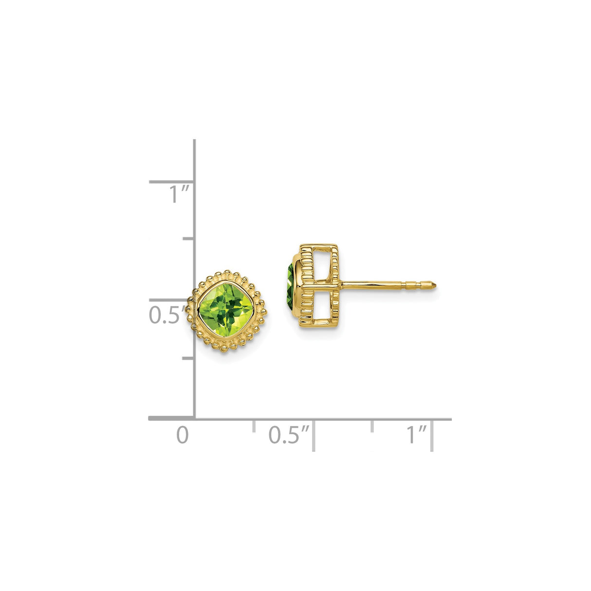 10k Yellow Gold Peridot Stud Earrings with Cushion Cut and Beaded Halo Setting