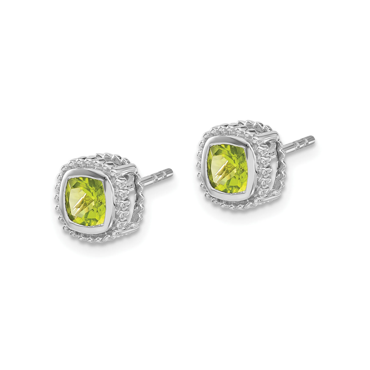 14k White Gold Stud Earrings with Cushion Cut Peridot and Beaded Halo Border