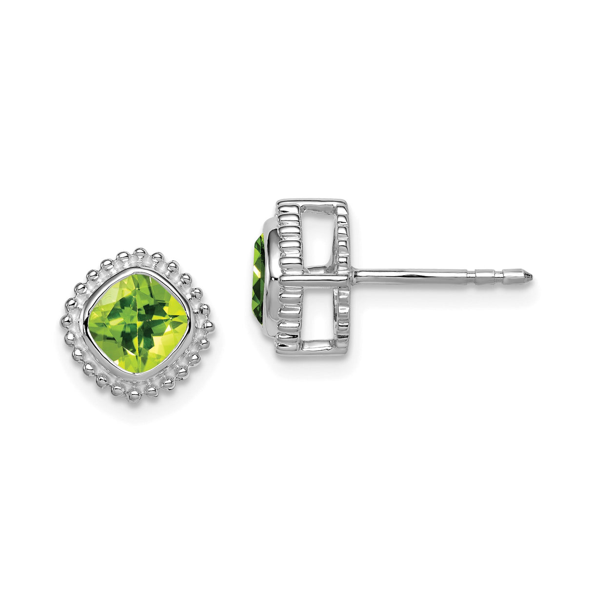 14k White Gold Stud Earrings with Cushion Cut Peridot and Beaded Halo Border
