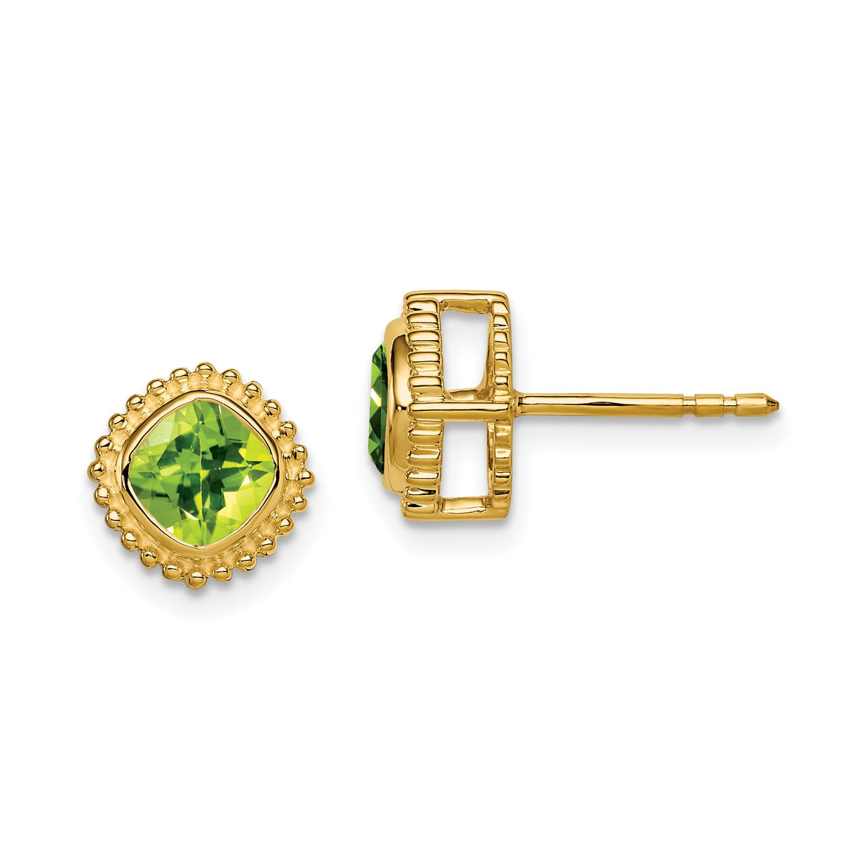 14k Yellow Gold Cushion Cut Peridot Stud Earrings with Beaded Border
