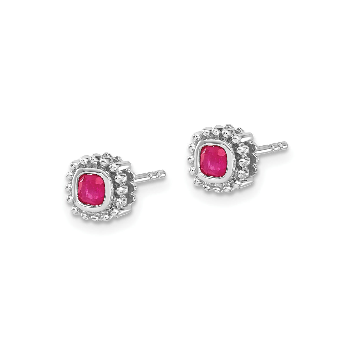 10k White Gold Stud Earrings with Cushion Cut Ruby in Beaded Halo Setting