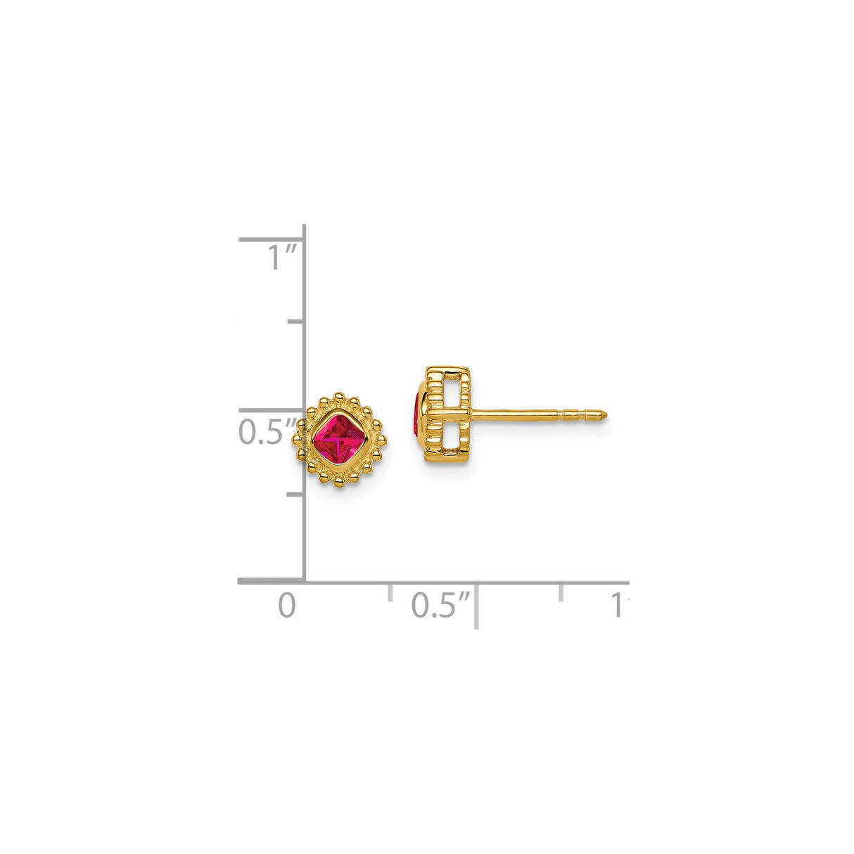 14k Yellow Gold Stud Earrings with Ruby in Beaded Halo Setting, Cushion Cut Design