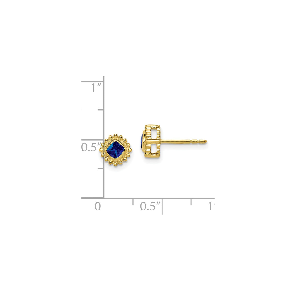 10k Yellow Gold Stud Earrings with Sapphire, Cushion Cut Bezel Design
