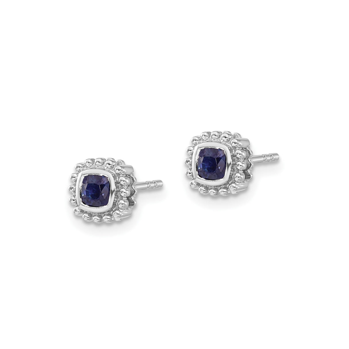 14k White Gold Stud Earrings with Cushion Cut Blue Sapphires and Beaded Halo