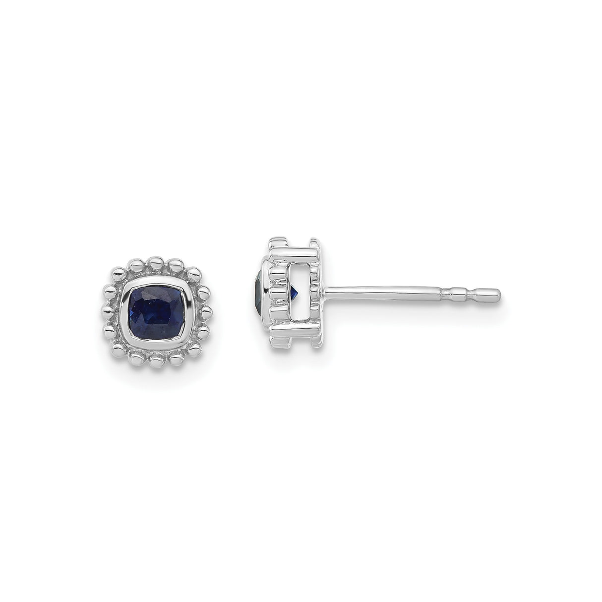 14k White Gold Stud Earrings with Cushion Cut Blue Sapphires and Beaded Halo