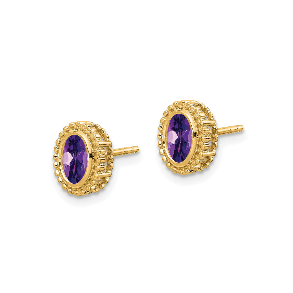 10k Yellow Gold Stud Earrings with Amethyst, Oval Cut in Beaded Halo Design