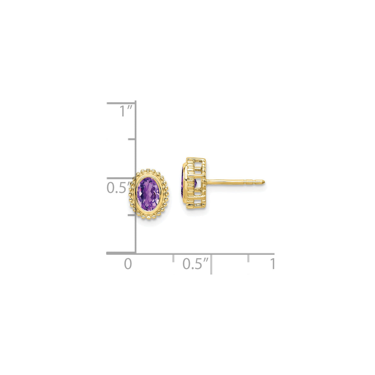 10k Yellow Gold Stud Earrings with Amethyst, Oval Cut in Beaded Halo Design