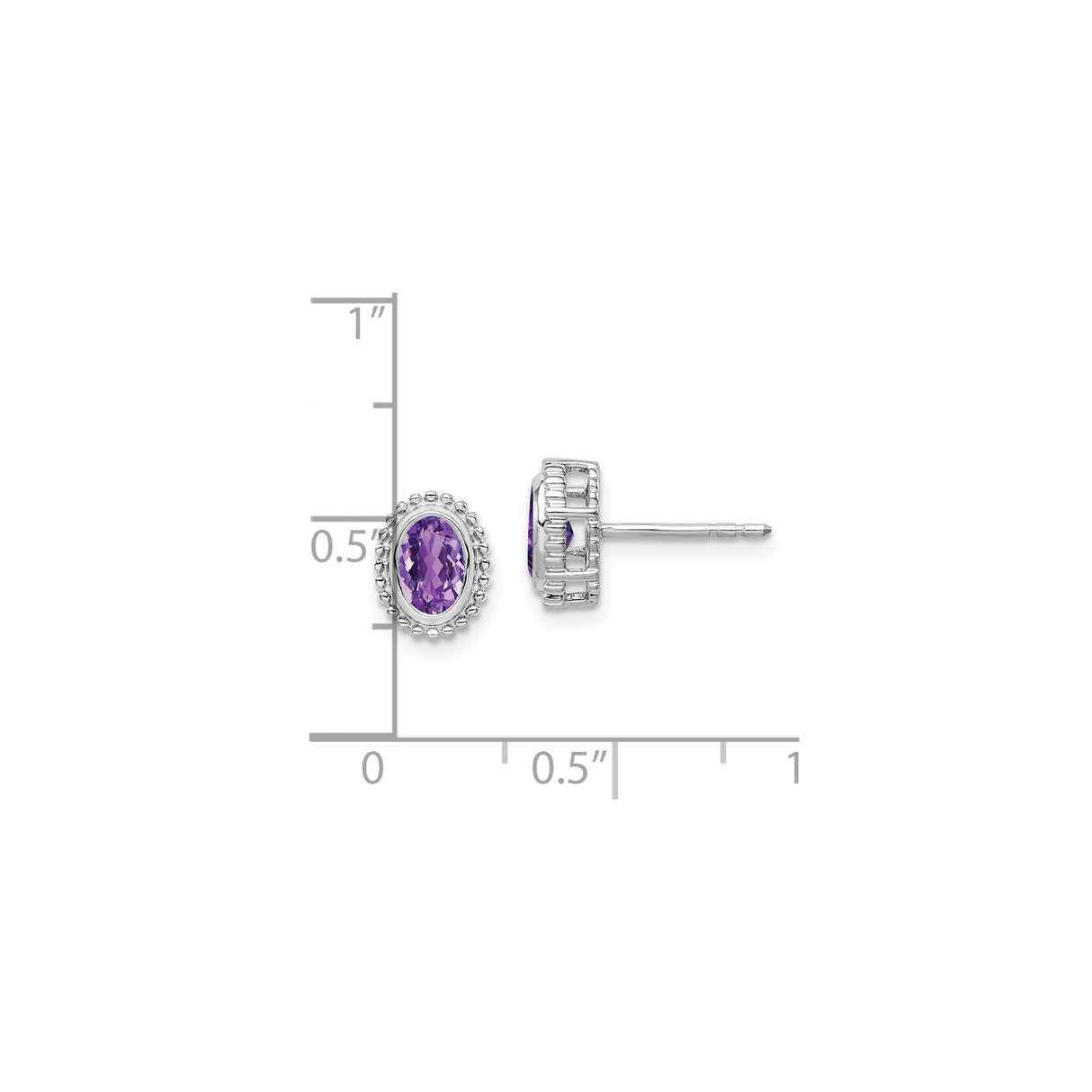 14k White Gold Amethyst Stud Earrings, Oval Faceted Stone, Milgrain Bezel Setting for Women
