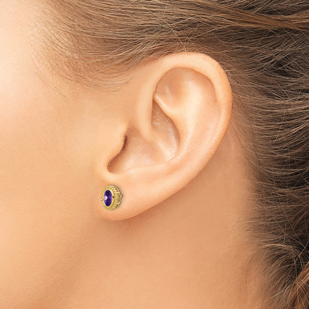 14k Yellow Gold Amethyst Stud Earrings with Beaded Halo Design