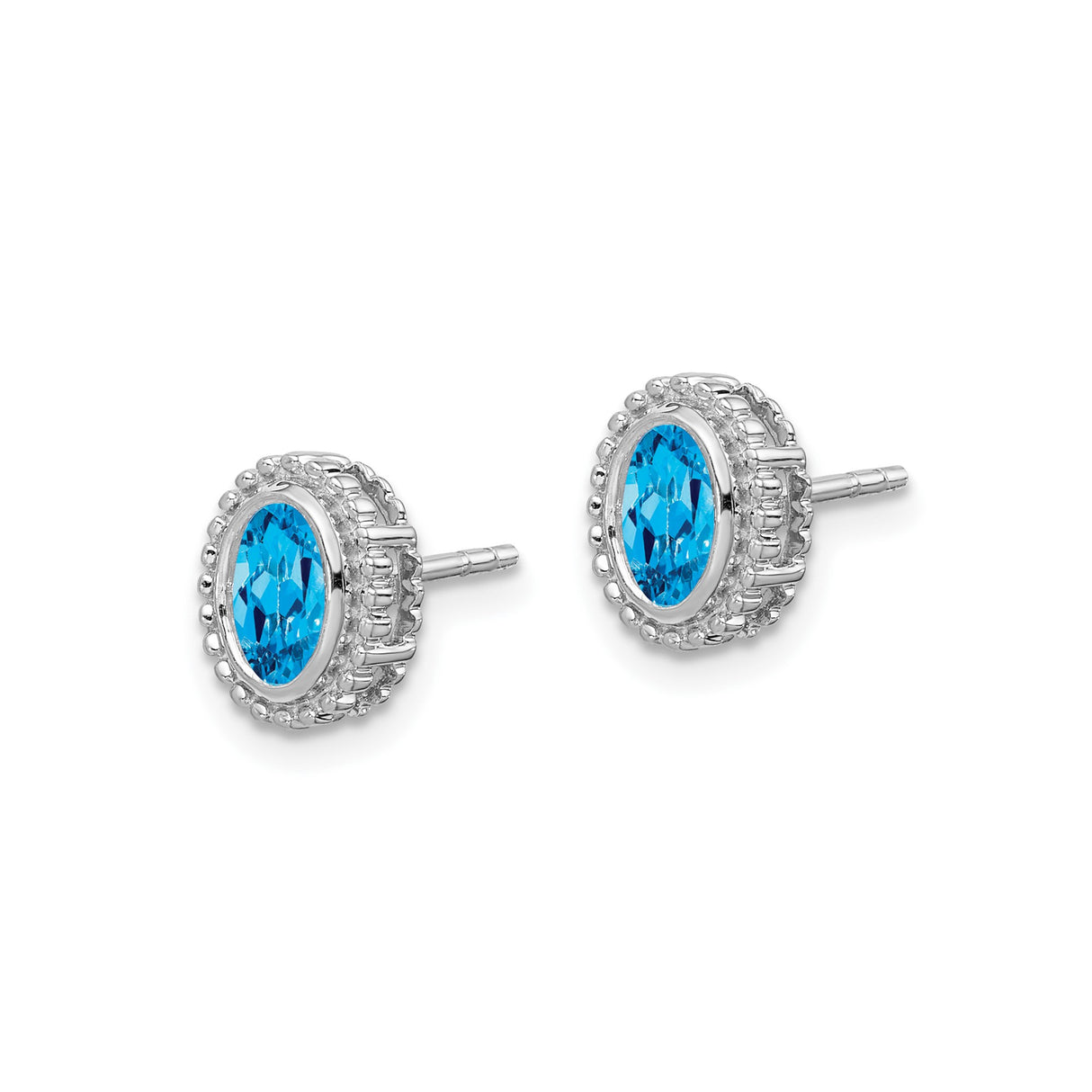 10k White Gold Stud Earrings with Oval Swiss Blue Topaz and Beaded Halo Setting