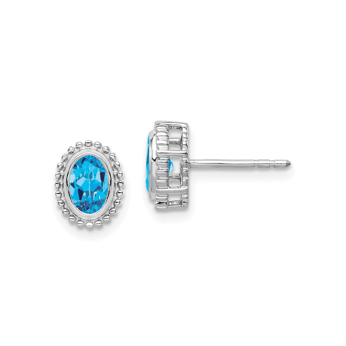 10k White Gold Stud Earrings with Oval Swiss Blue Topaz and Beaded Halo Setting
