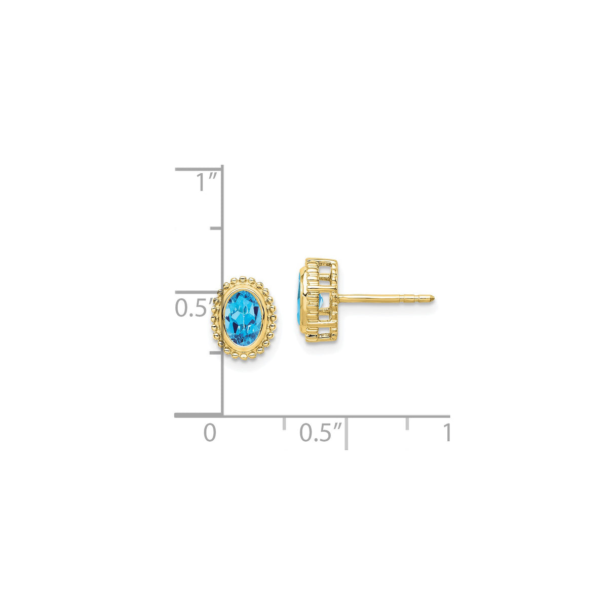 10k Yellow Gold Oval Stud Earrings with Swiss Blue Topaz in Beaded Halo Setting