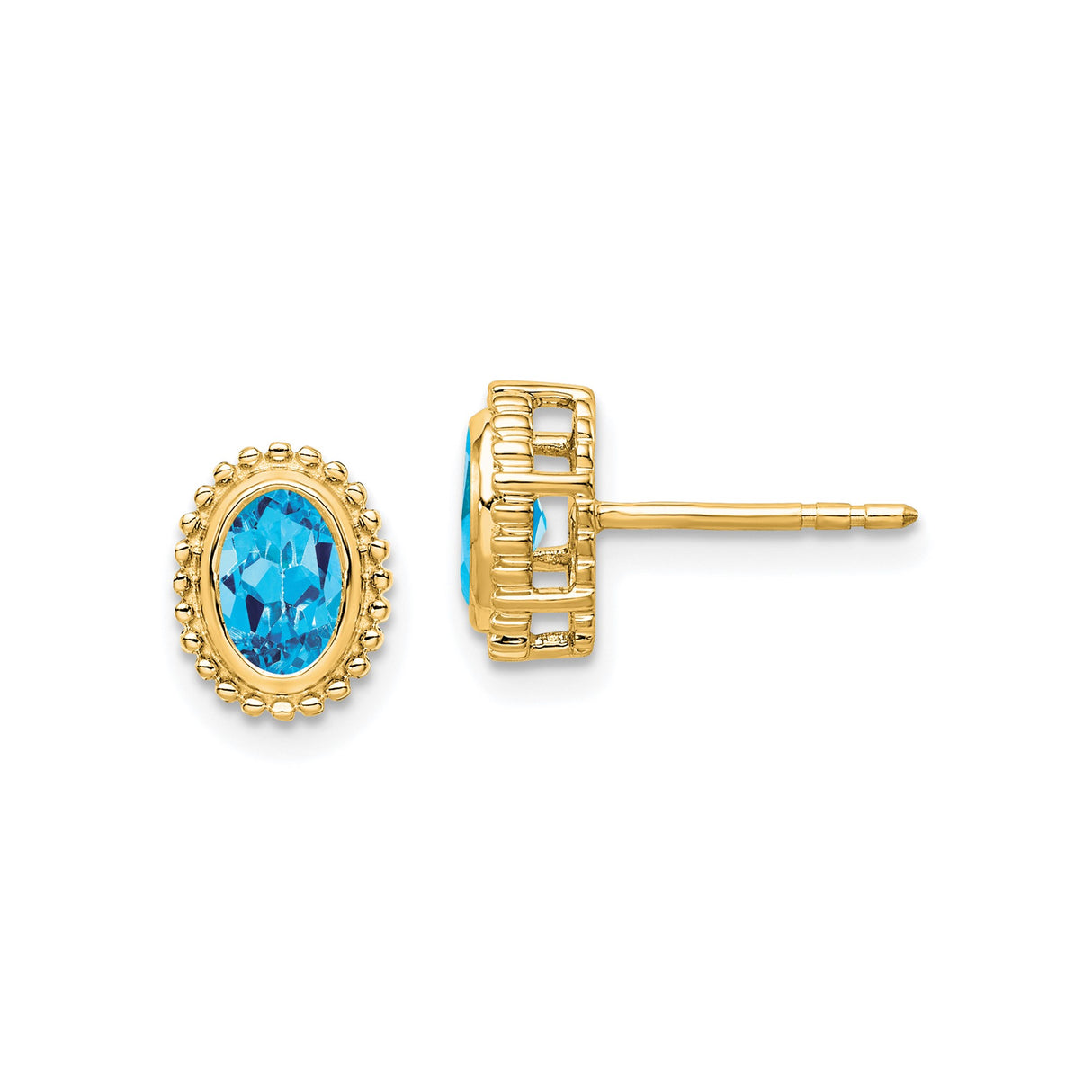 10k Yellow Gold Oval Stud Earrings with Swiss Blue Topaz in Beaded Halo Setting