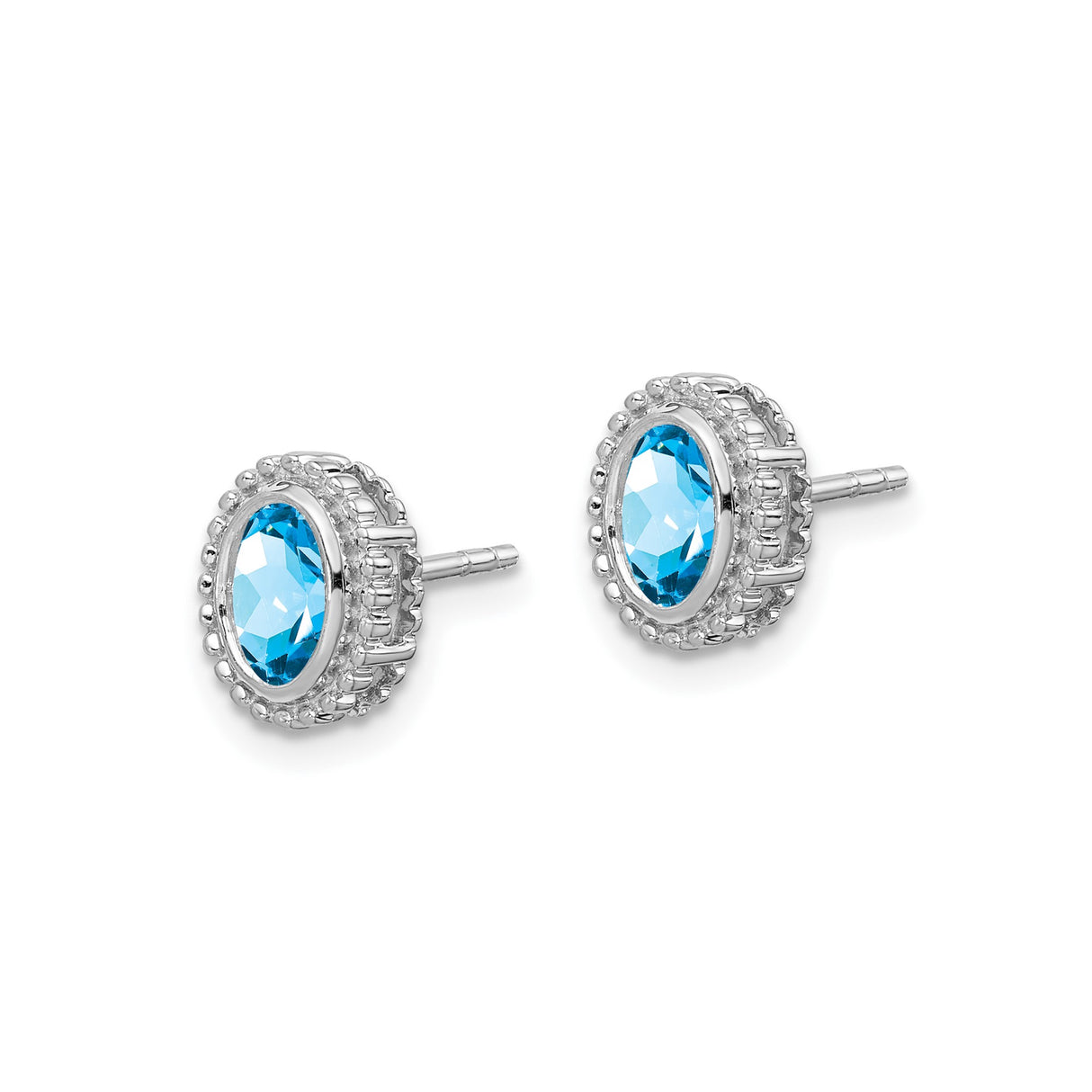 14k White Gold Blue Topaz Stud Earrings with Beaded Halo Setting