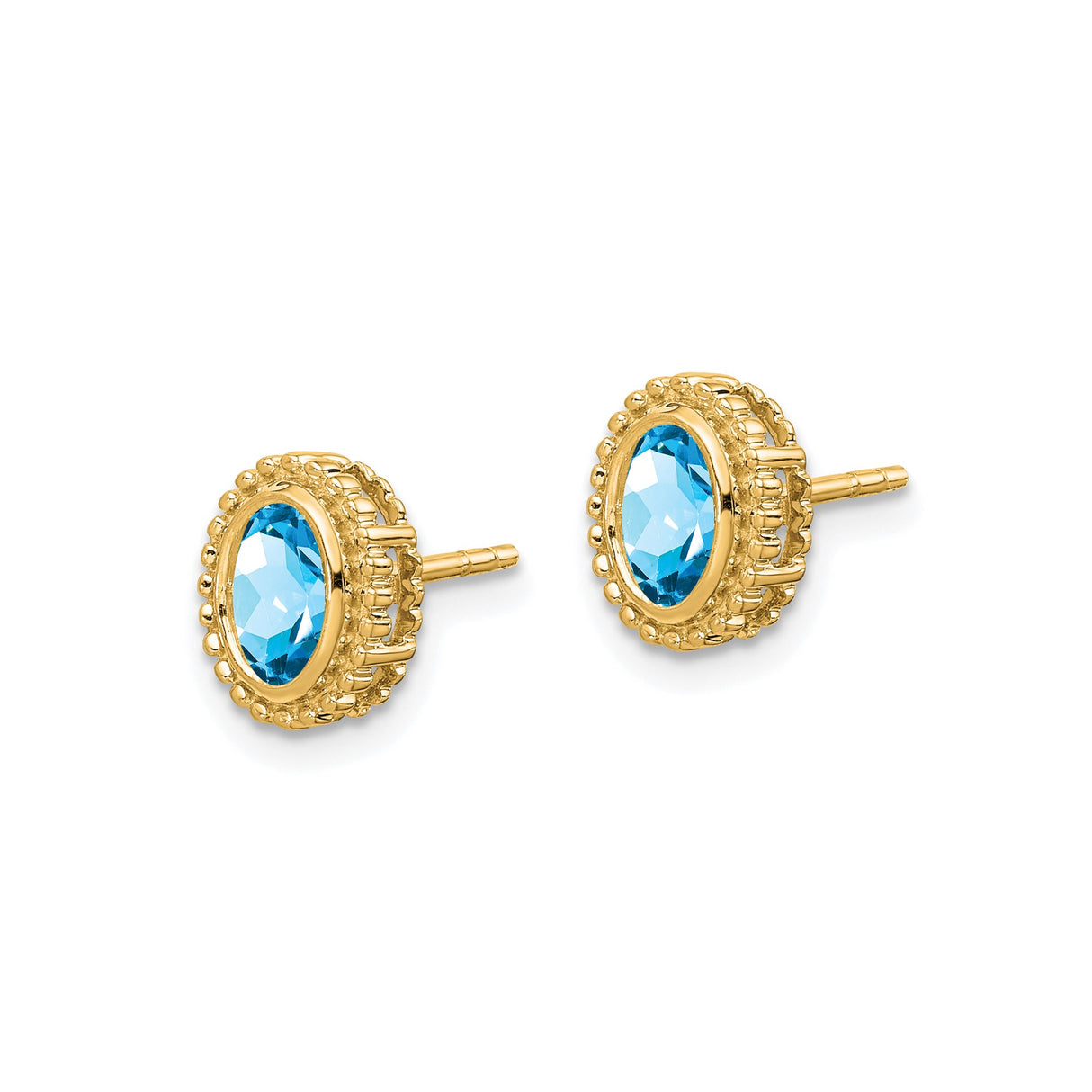 14k Yellow Gold Stud Earrings with Swiss Blue Topaz, Beaded Bezel Setting, Classic Design
