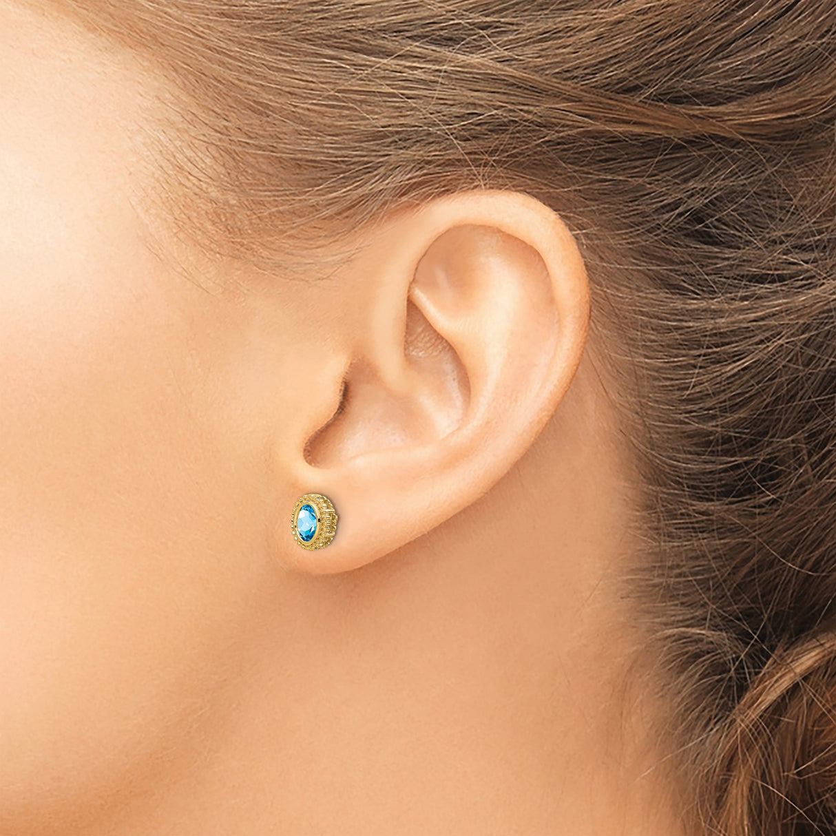 14k Yellow Gold Stud Earrings with Swiss Blue Topaz, Beaded Bezel Setting, Classic Design