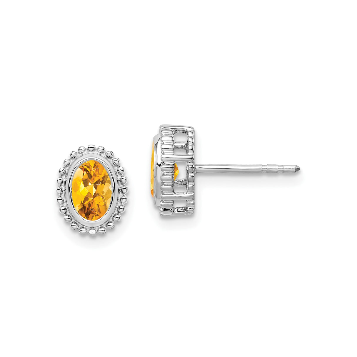 10k White Gold Citrine Stud Earrings with Oval Yellow Gemstone in Beaded Frame