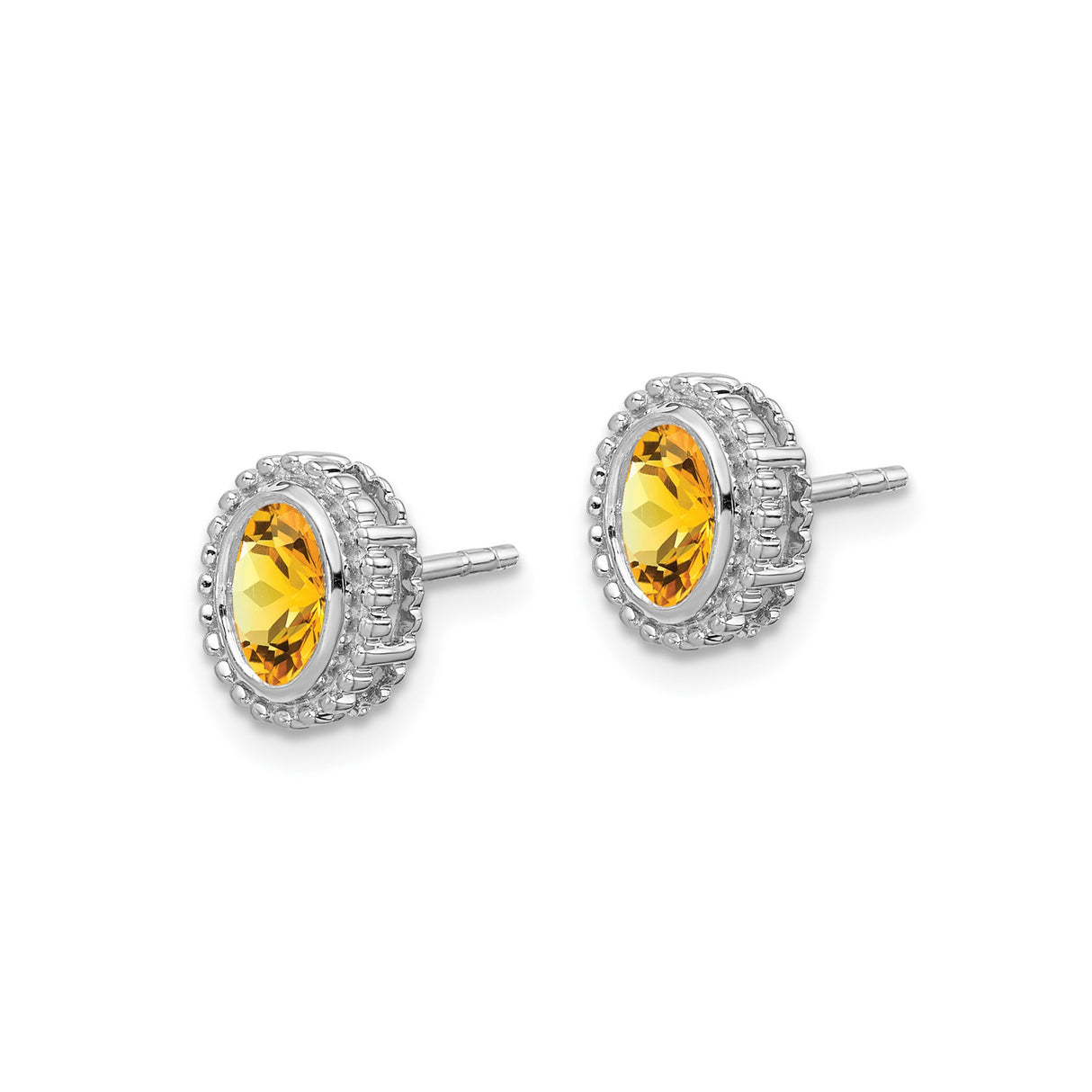 14k White Gold Citrine Stud Earrings with Oval Gemstone and Beaded Halo Design