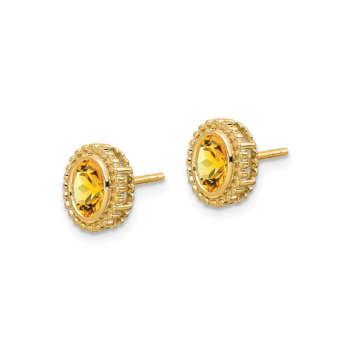 14k Yellow Gold Citrine Stud Earrings, Oval Faceted Gemstone in Beaded Frame, Vintage Style