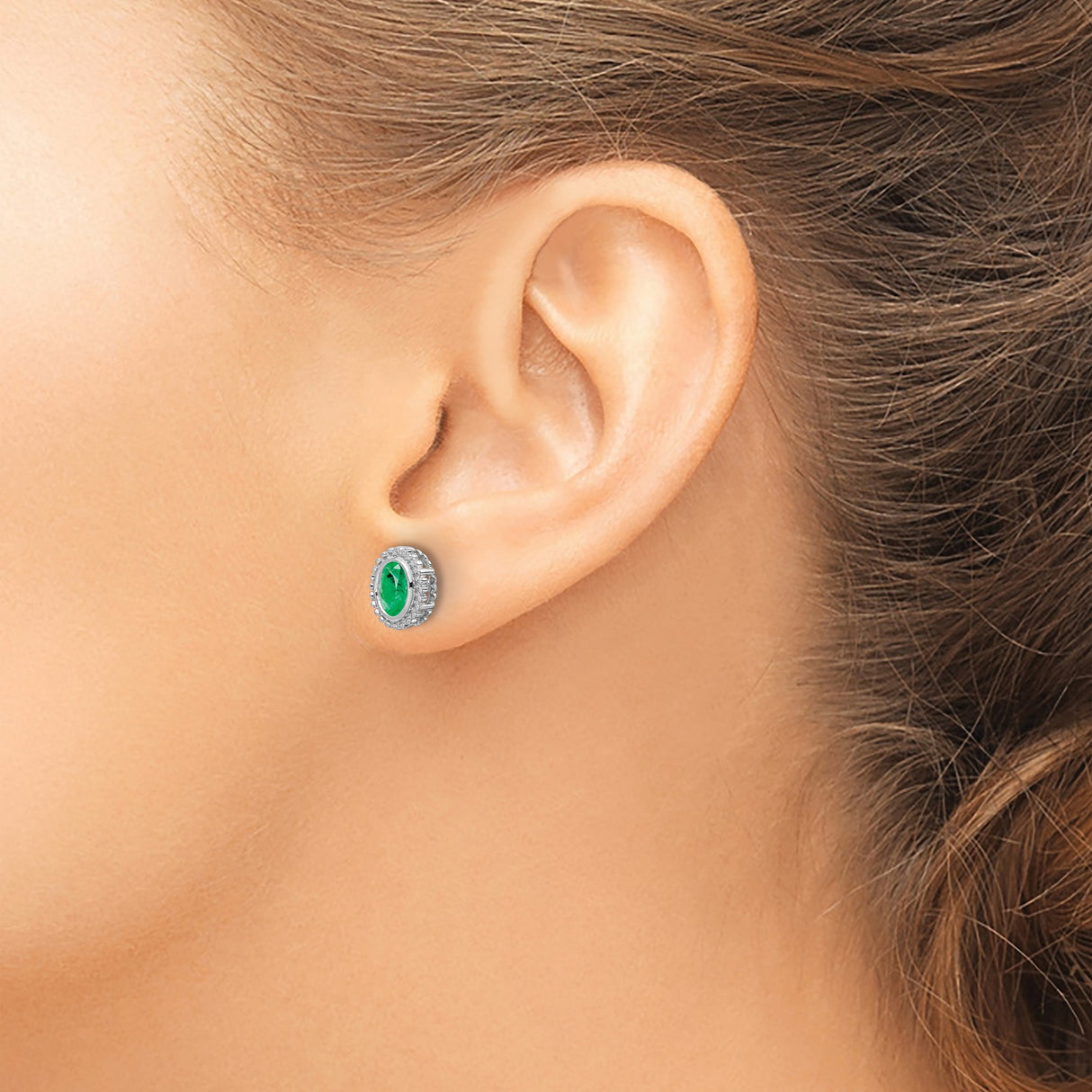14k White Gold Emerald Stud Earrings, Oval Milgrain Bezel Vintage Style for Women