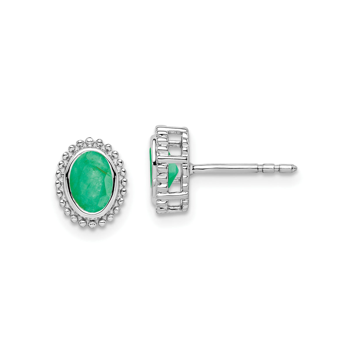 14k White Gold Emerald Stud Earrings, Oval Milgrain Bezel Vintage Style for Women
