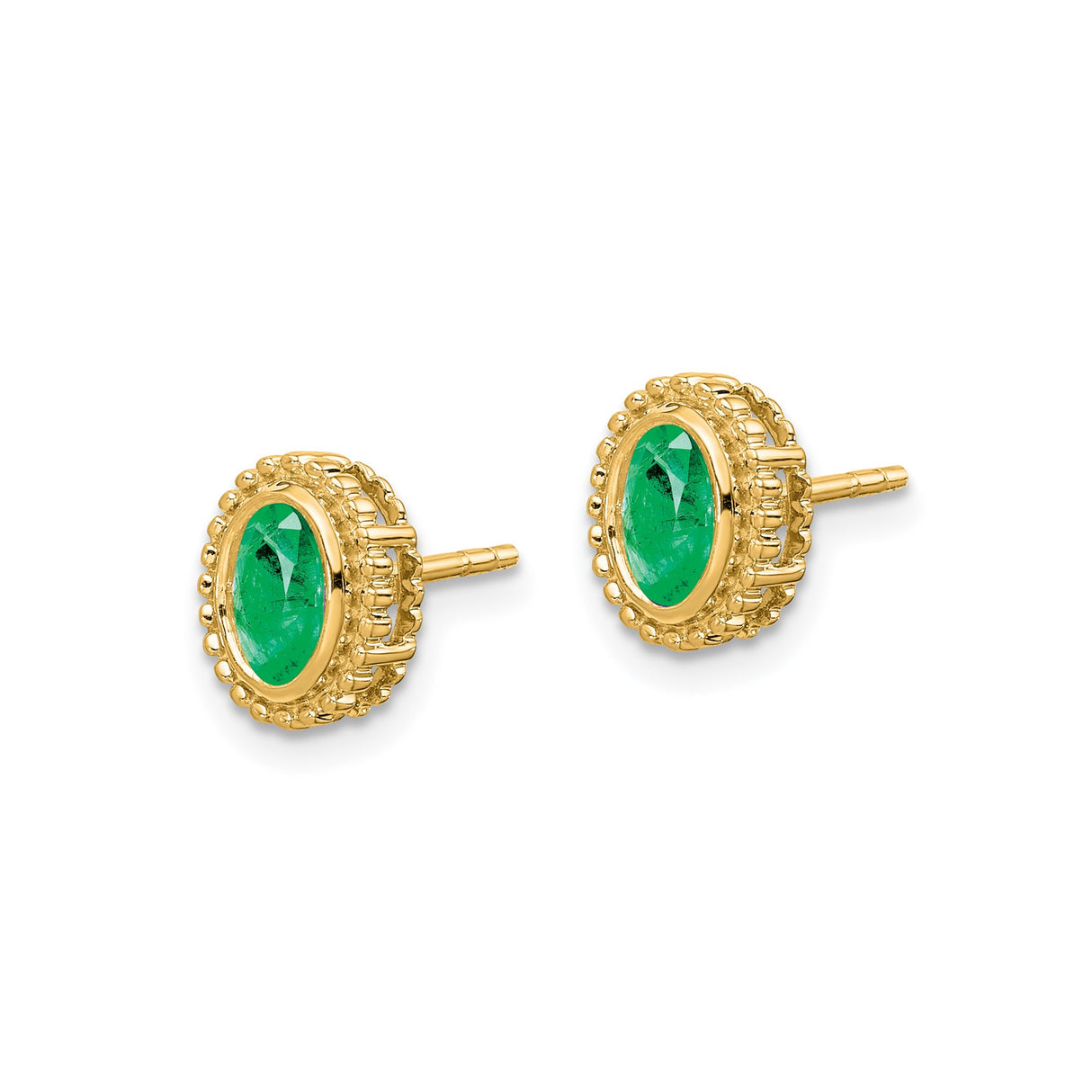 14k Yellow Gold Oval Stud Earrings with Emerald Cabochons, Beaded Frame Design