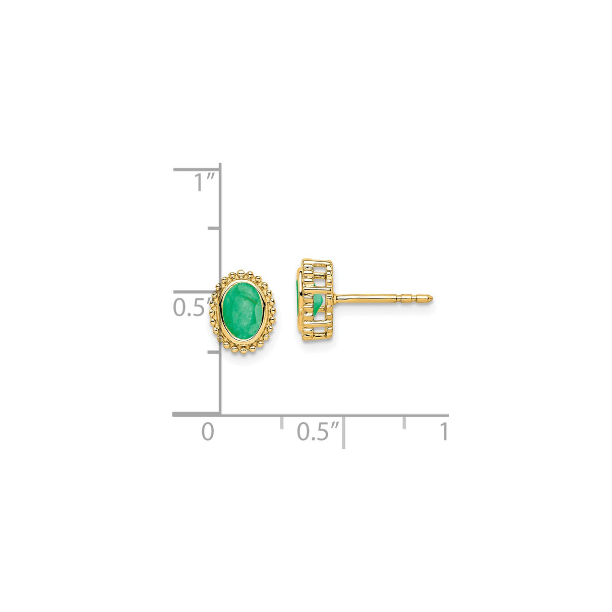 14k Yellow Gold Oval Stud Earrings with Emerald Cabochons, Beaded Frame Design