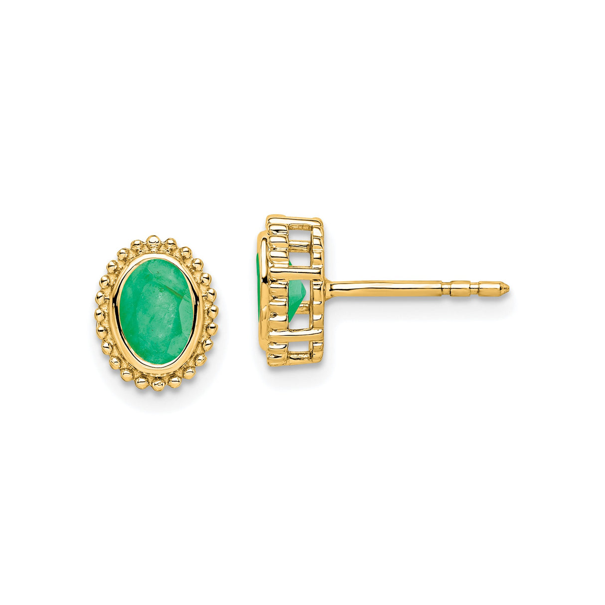 14k Yellow Gold Oval Stud Earrings with Emerald Cabochons, Beaded Frame Design