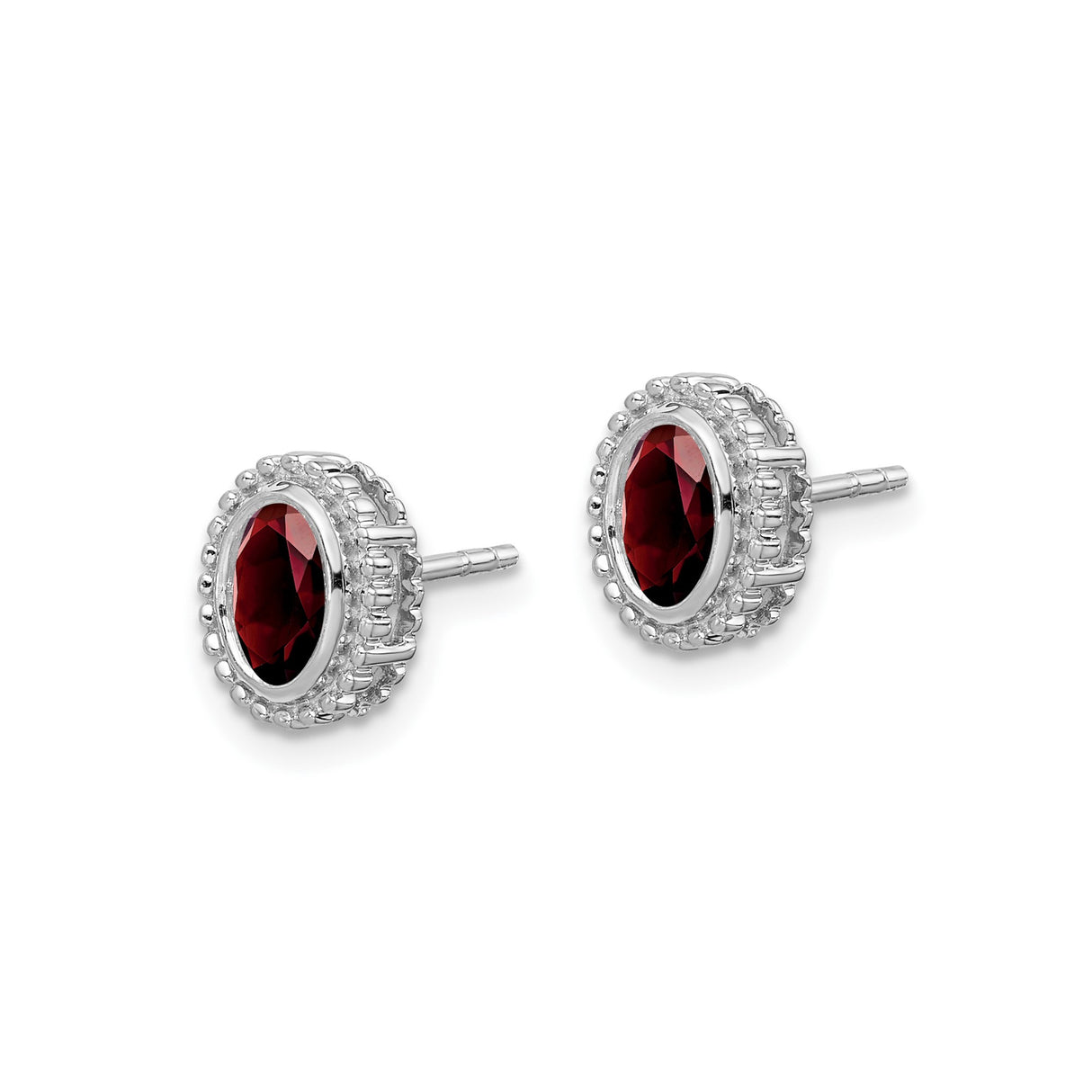 14k White Gold Stud Earrings with Garnet, Oval Shape, Beaded Halo, Vintage Inspired Design
