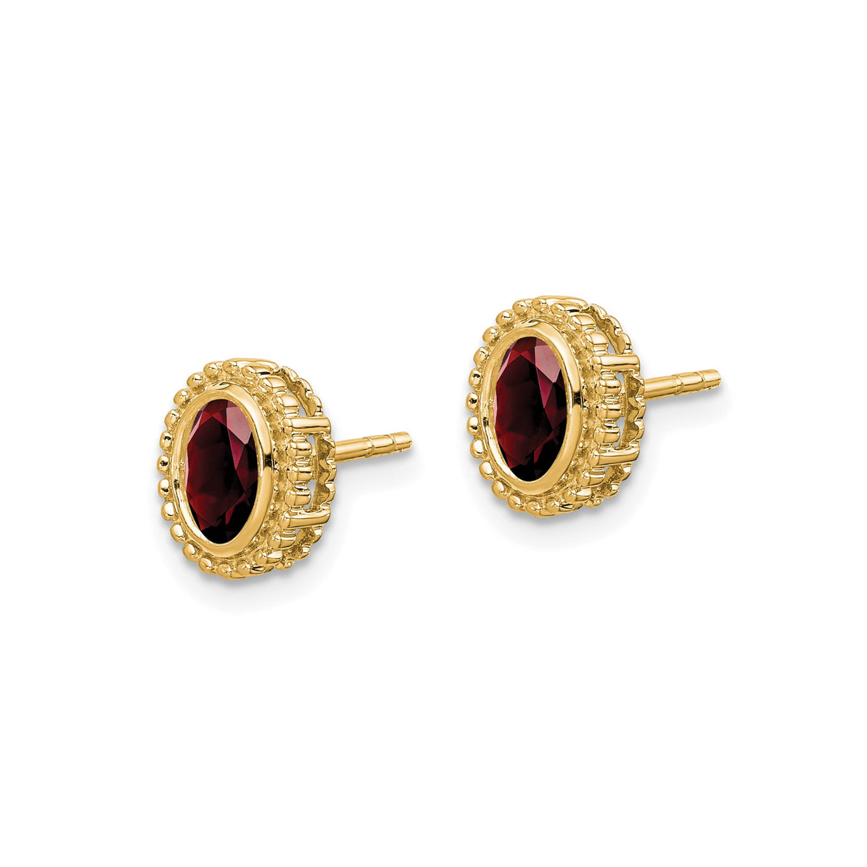 14k Yellow Gold Garnet Stud Earrings with Beaded Halo Setting for Women