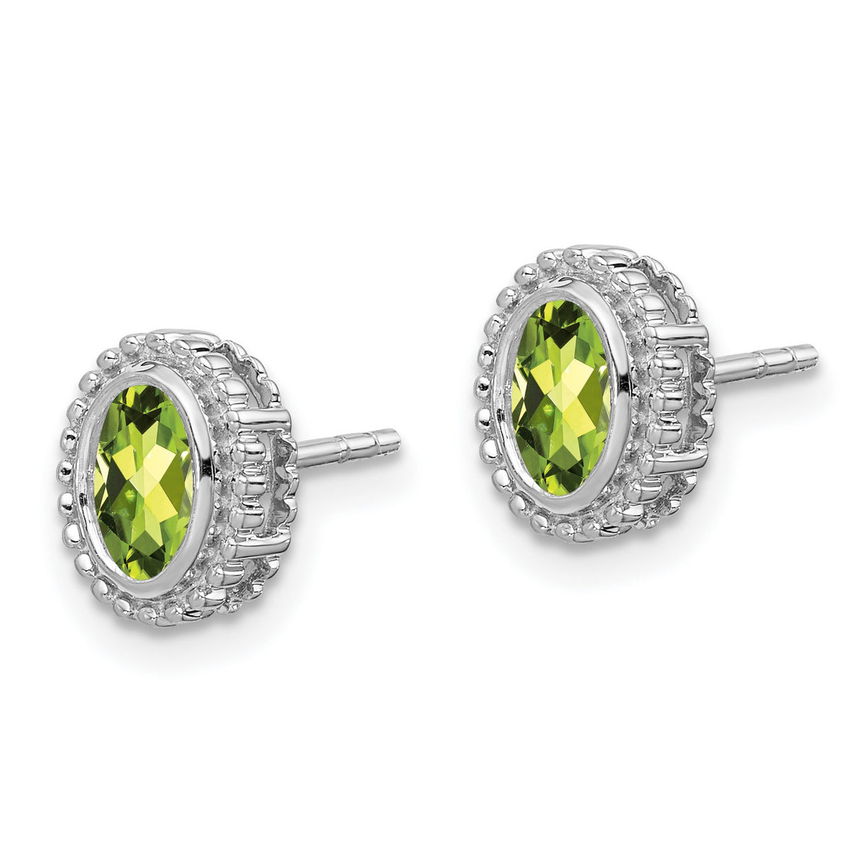 10k White Gold Peridot Stud Earrings with Beaded Halo Design for Women