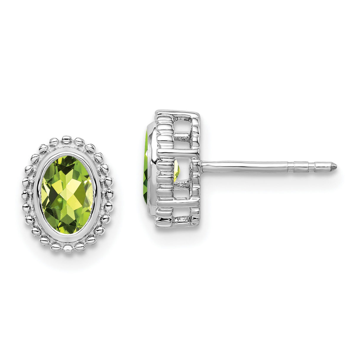10k White Gold Peridot Stud Earrings with Beaded Halo Design for Women