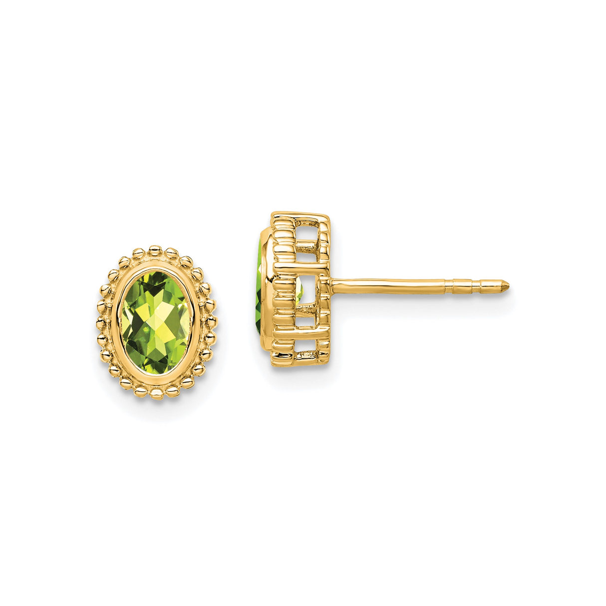 10k Yellow Gold Peridot Stud Earrings, Oval Faceted Gemstones in Beaded Bezel Setting