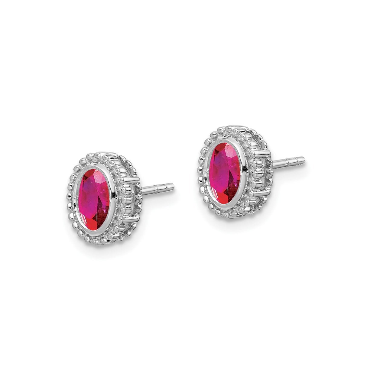 14k White Gold Ruby Stud Earrings, Oval Lab-Created Stone, Milgrain Bezel, Vintage Style