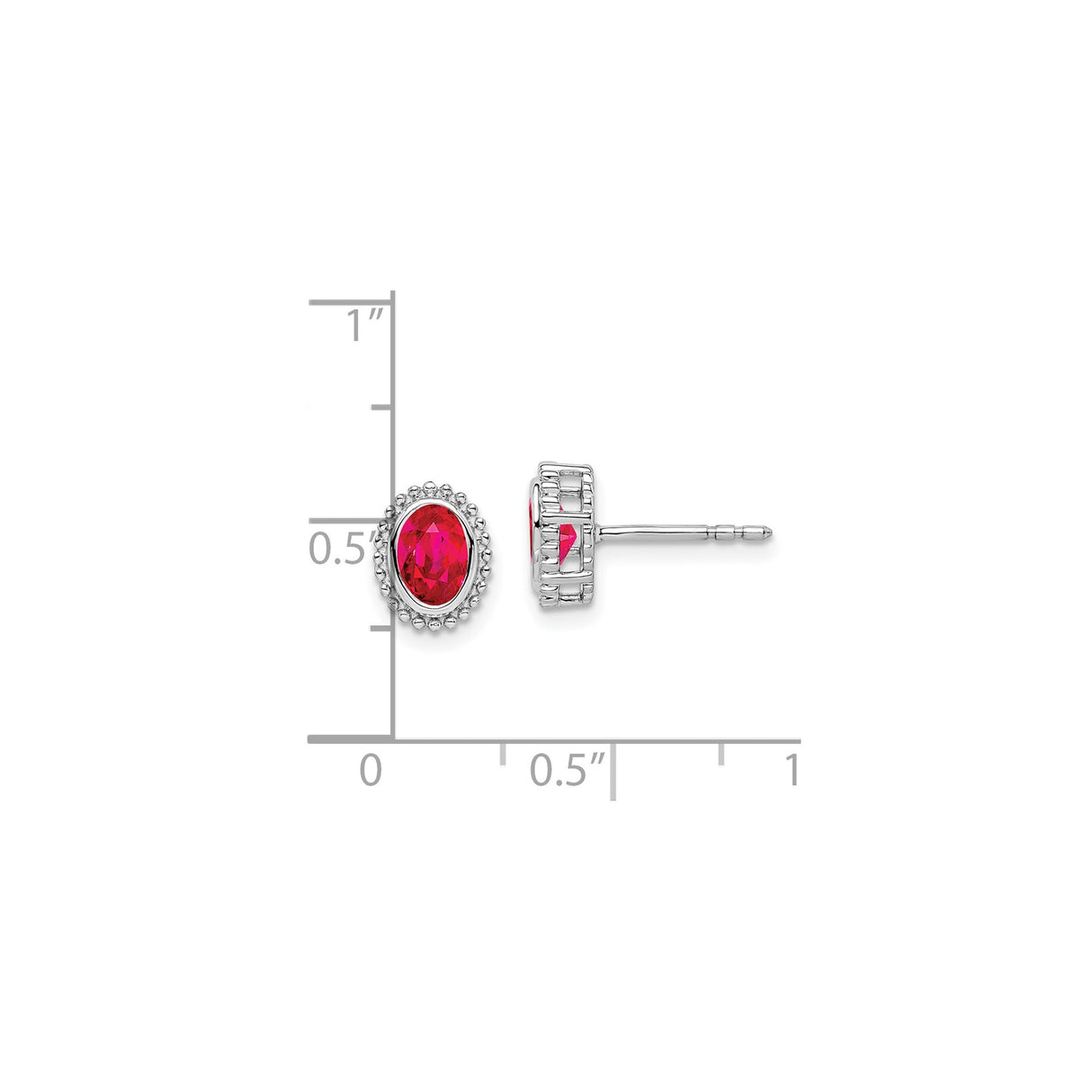 14k White Gold Ruby Stud Earrings, Oval Lab-Created Stone, Milgrain Bezel, Vintage Style