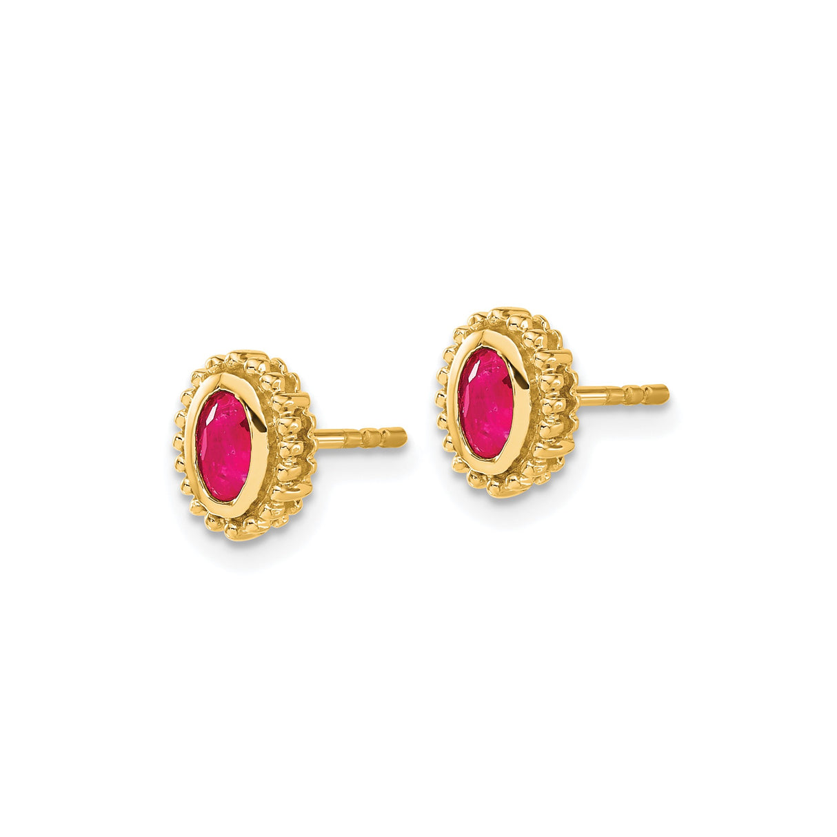 14k Yellow Gold Oval Ruby Stud Earrings with Beaded Edge, Classic Design for Women