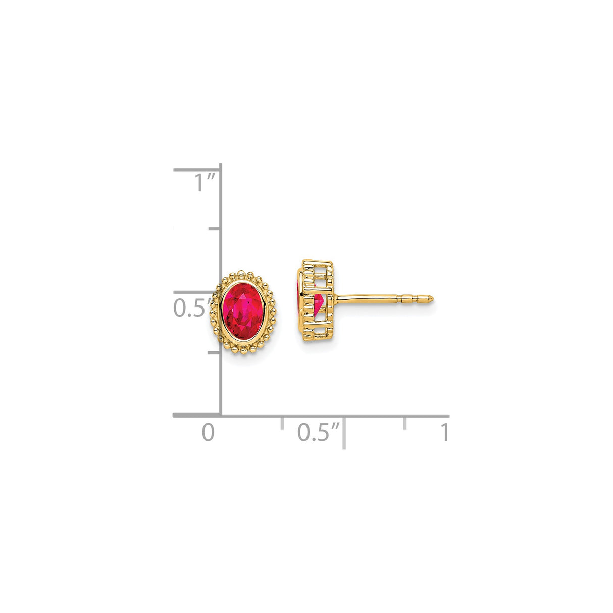 14k Yellow Gold Oval Ruby Stud Earrings with Beaded Edge, Classic Design for Women