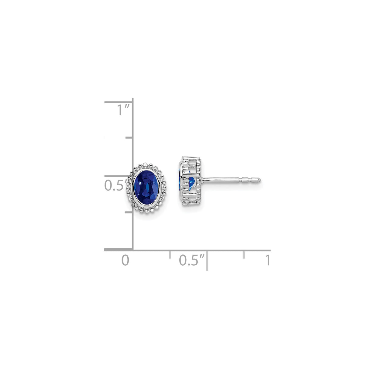 14k White Gold Sapphire Stud Earrings with Oval Gemstones and Beaded Halo Setting