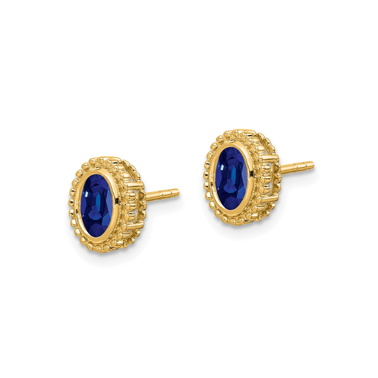 14k Yellow Gold Stud Earrings with Sapphire in Beaded Halo Setting