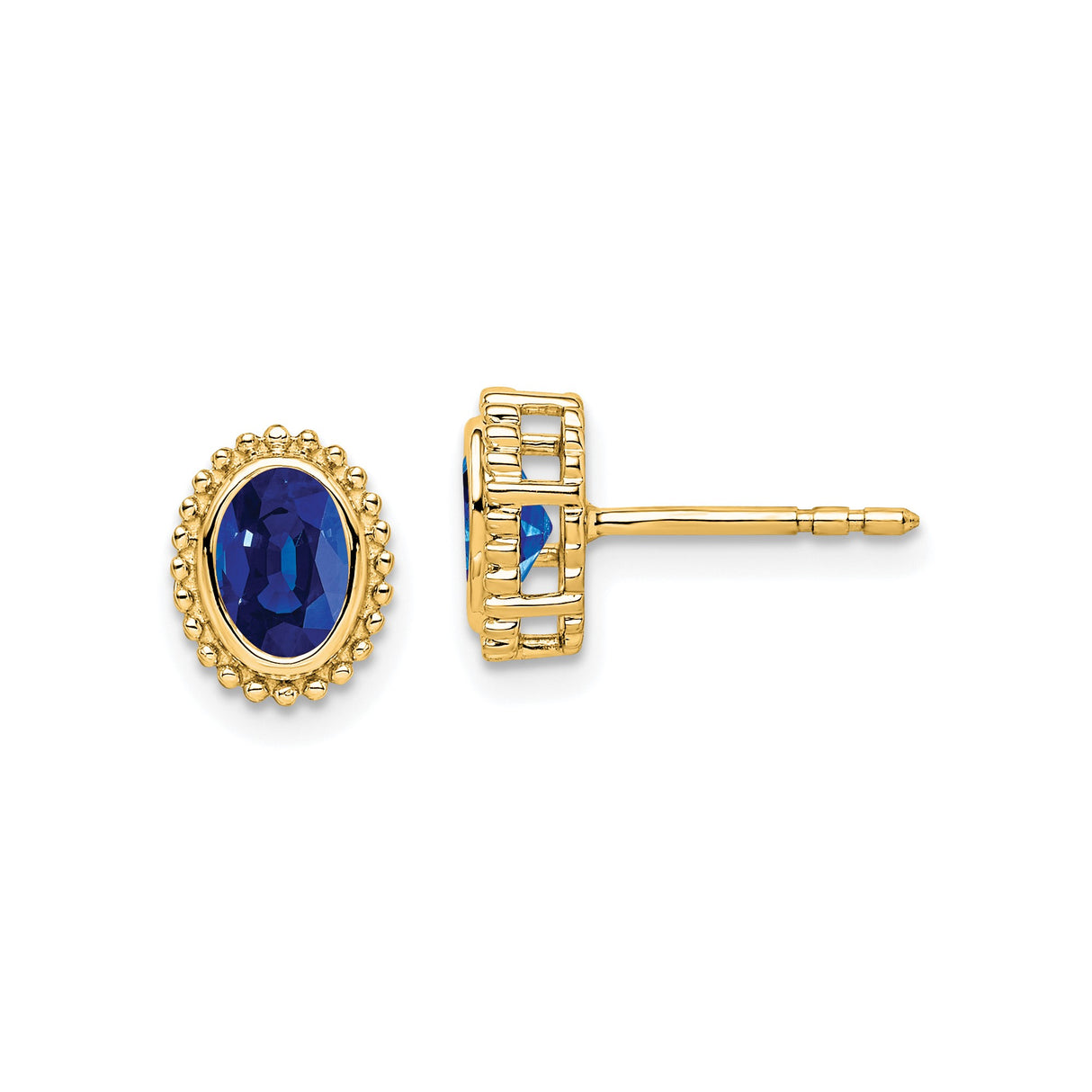 14k Yellow Gold Stud Earrings with Sapphire in Beaded Halo Setting