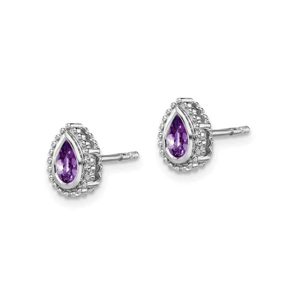 14k White Gold Amethyst Stud Earrings, Pear Shaped Gemstone with Beaded Halo Design