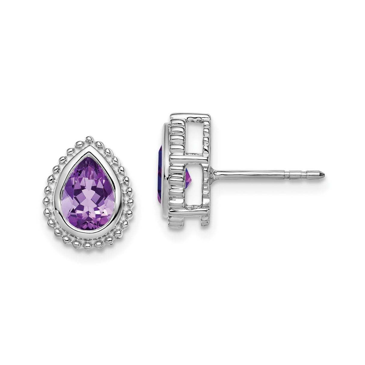 14k White Gold Amethyst Stud Earrings, Pear Shaped Gemstone with Beaded Halo Design
