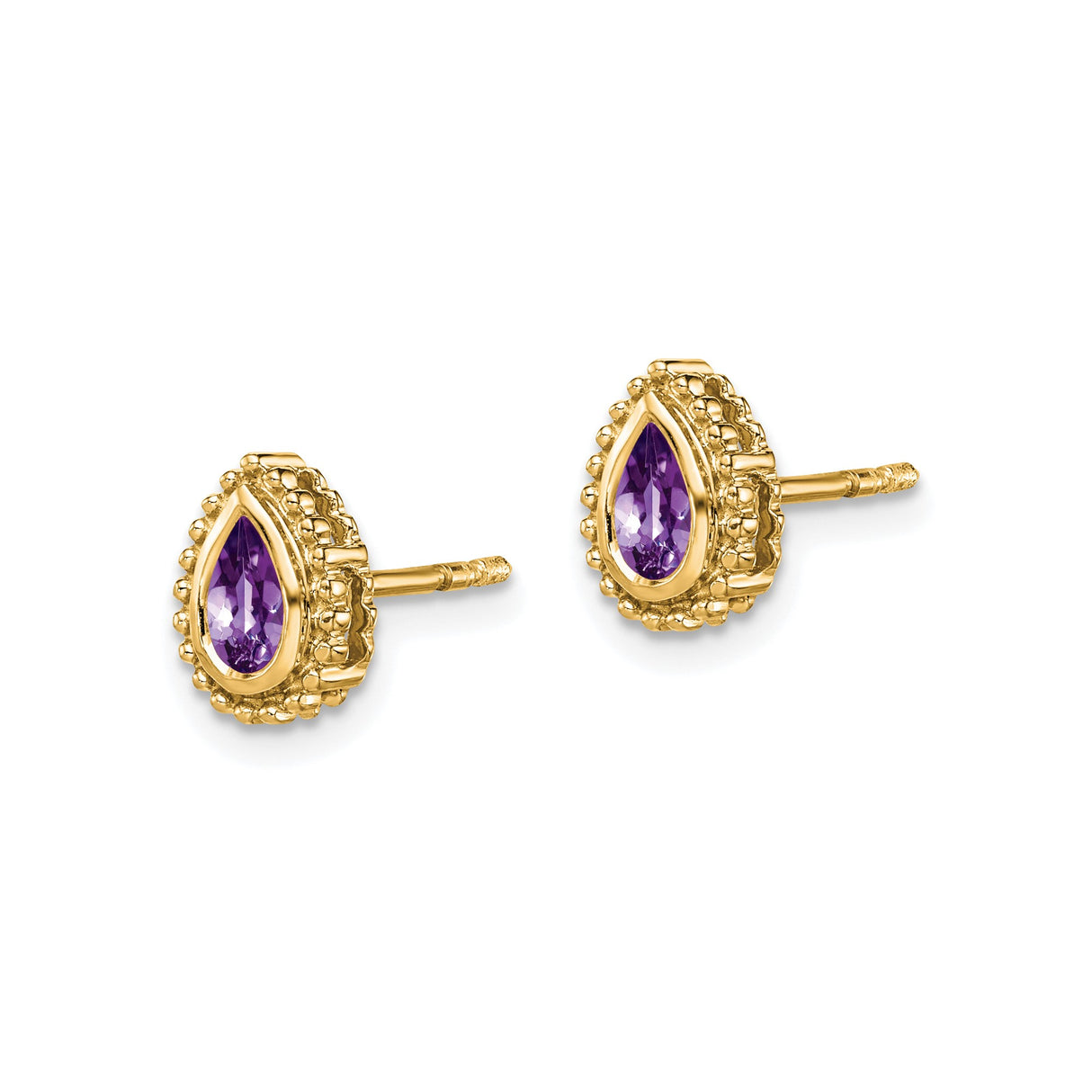 14k Yellow Gold Amethyst Stud Earrings, Teardrop Shape with Beaded Halo, Vintage Style