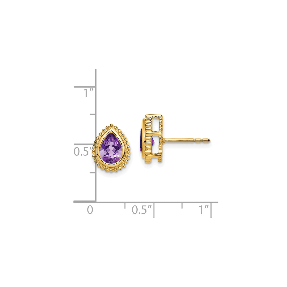 14k Yellow Gold Amethyst Stud Earrings, Teardrop Shape with Beaded Halo, Vintage Style