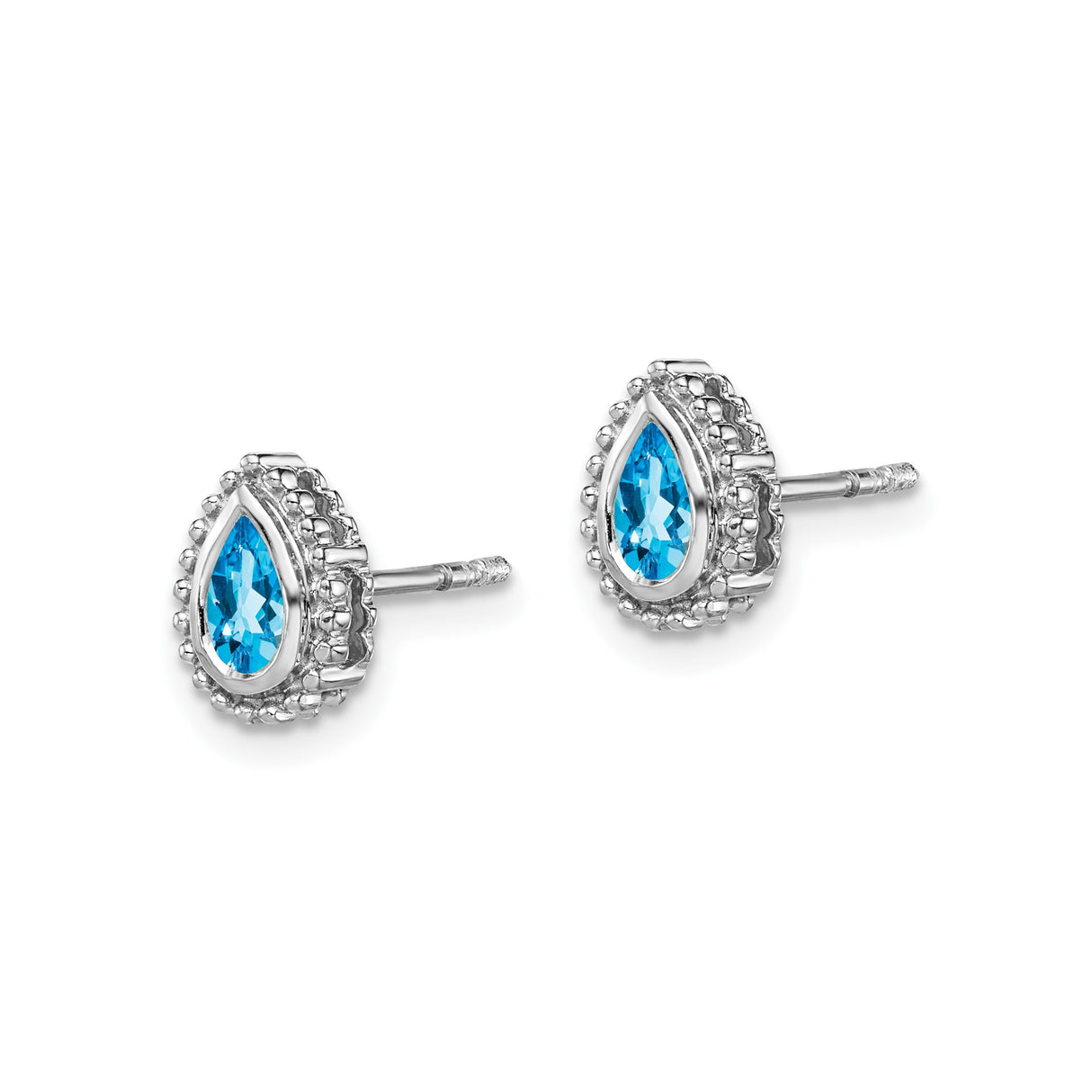 14k White Gold Teardrop Stud Earrings with Swiss Blue Topaz and Beaded Halo Design
