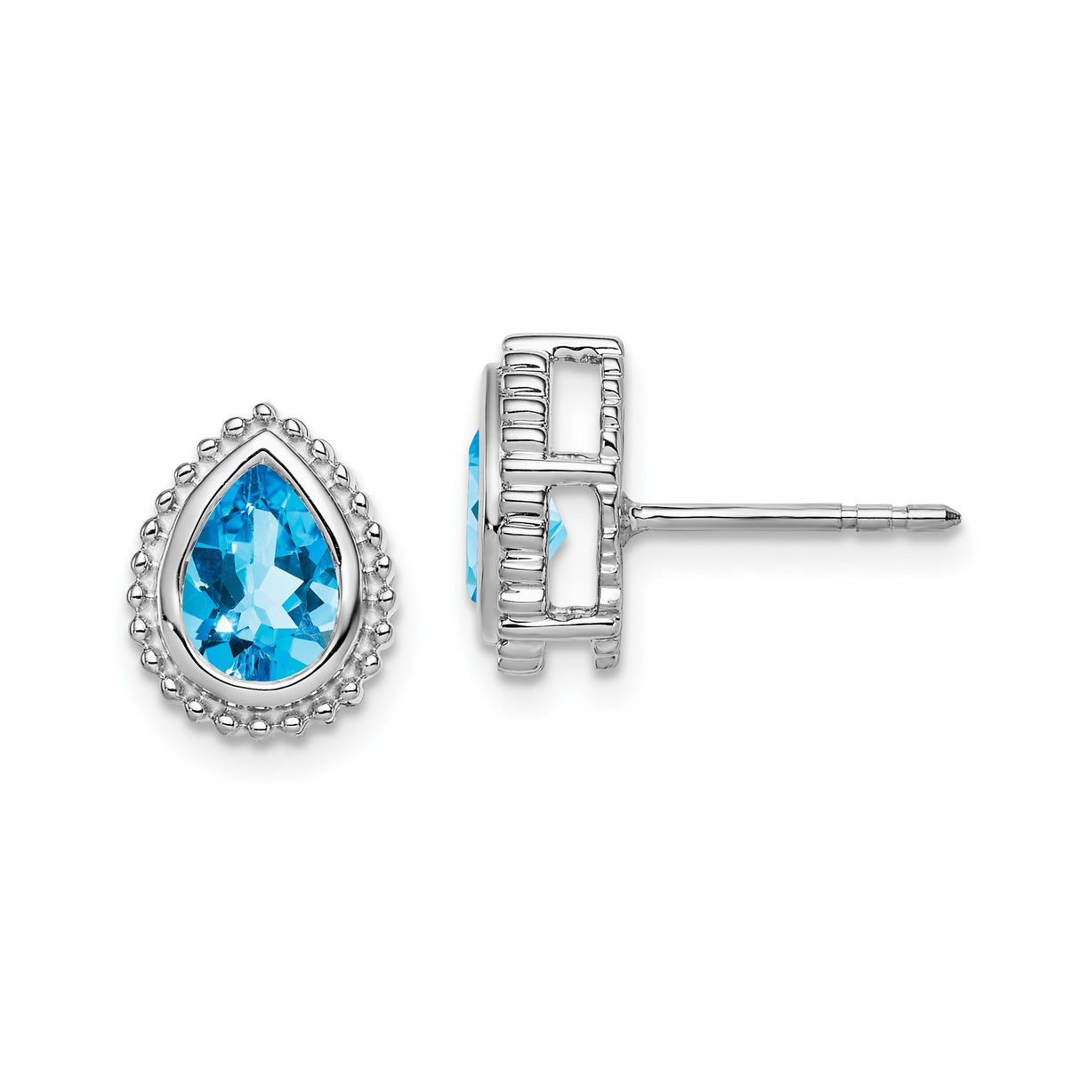 14k White Gold Teardrop Stud Earrings with Swiss Blue Topaz and Beaded Halo Design