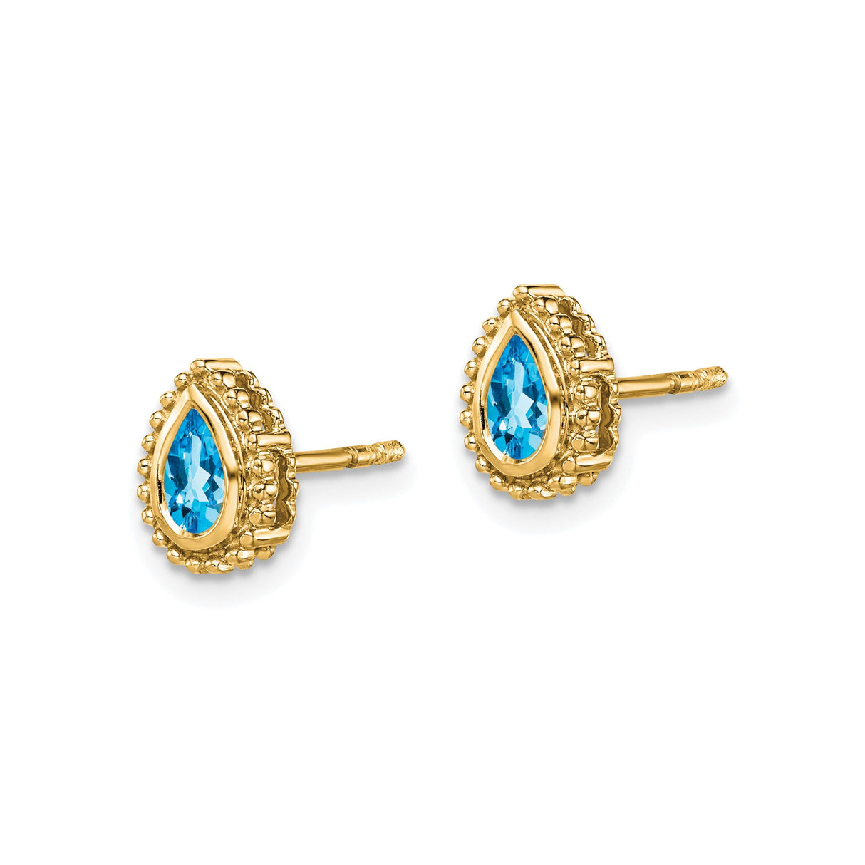 14k Yellow Gold Stud Earrings with Swiss Blue Topaz, Pear Shaped with Beaded Halo Setting
