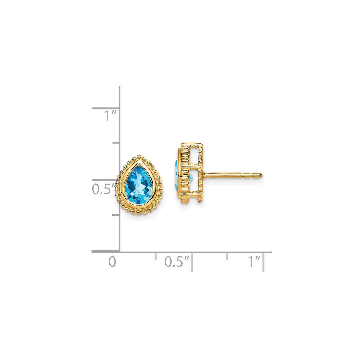 14k Yellow Gold Stud Earrings with Swiss Blue Topaz, Pear Shaped with Beaded Halo Setting